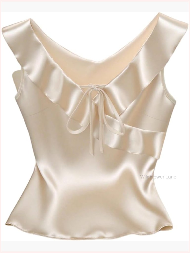 Sleeveless Ruffle Blouse V Neck Tie Front Tank Top Shirt Summer Elegant
